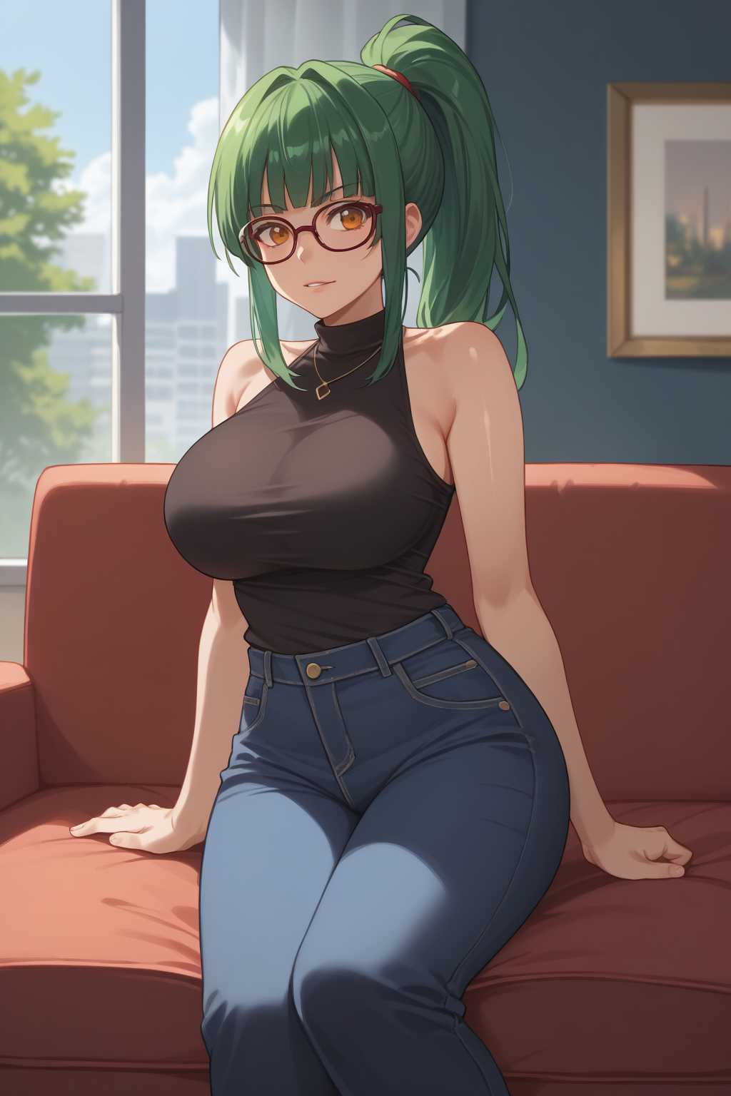 score_9, score_8_up, score_7_up, score_6_up, score_5_up, score_4_up, masterpiece, high quality, BREAK, full body, BREAK, 1girl,  <lora:Maki_Zen'in_V2:0.8> Maki, Zen'in Maki amber eyes, large breasts, ponytail, green hair, glasses, black shirt, sleeveless, black pants,