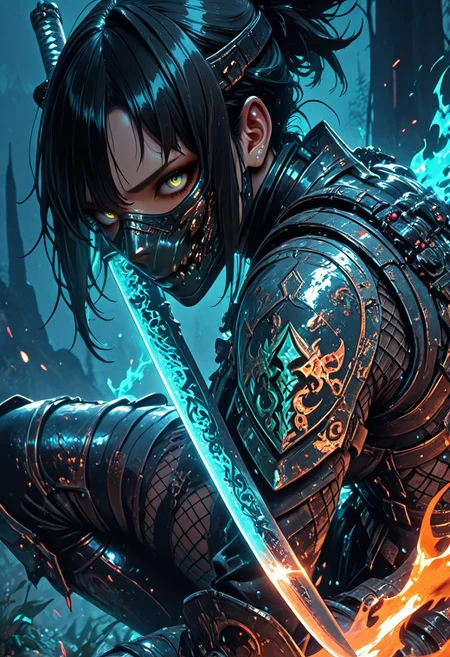 (masterpiece), (best quality), (8k), 1girl, cinematic lighting, dynamic action pose, highres, very detailed, amazing quality, masterpiece, fujimoto_tatsuki, fujimoto_tatsuki_(style), 
very aesthetic, intense,
particle effect,
1girl, shadowheart, samurai, solo, layered samurai armor, engraved, bodysuit, tight clothing, fishnets, sleeveless, futuristic armor, runic symbols etched in armor, armored legs, full mask, halfmask, flaming katana, 
assassin theme, japan theme,
looking at viewer, tough pose,
mountains, 
at night, night, close up, closeup,