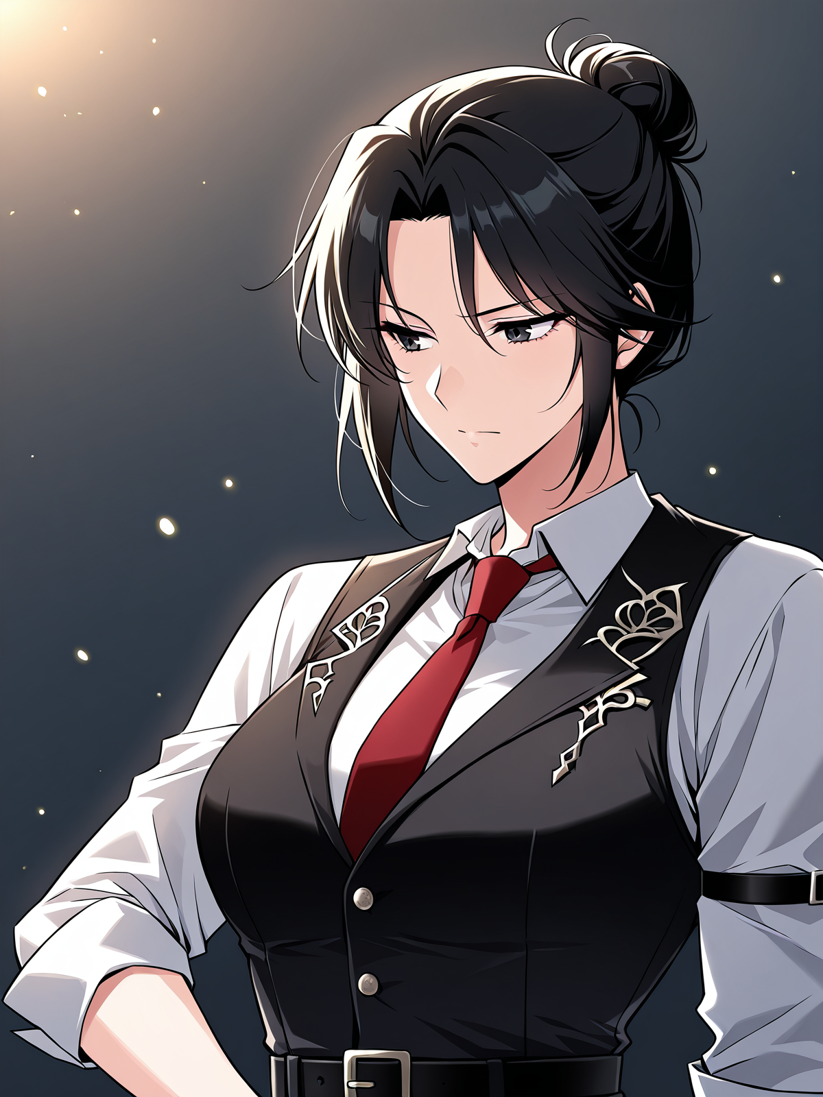 <lora:Omniscient_Readers_Viewpoint__Jung_Heewon:1>
1 girl, solo, black hair, long hair, black eyes, tied hair, hair bun, 
white shirt, red necktie, black vest, black pants, black belt, formal outfit, sleeveless vest, rolled-up sleeves, 
score_9, score_8_up, score_7_up, score_6_up, source_anime, rating_explicit, masterpiece, best quality, intricate details, gothic fantasy, upper body portrait, dramatic pose, confident gaze, cinematic lighting, clean background, glowing magical particles, detailed face, vibrant colors
