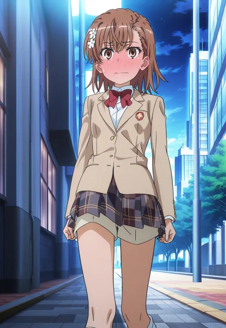 masterpiece, best quality, absurdres, highres, intricate details, very aesthetic, accurate art style, anime screencap, anime coloring, flat colors, official screencap, style parody, official art, proper proportions, extremely detailed, newest, 2025, BREAK, 1girl, misaka mikoto, short hair, brown hair, hair ornament, hair flower, school uniform, tokiwadai school uniform, whit shirt, bow, red bow, jacket, bowtie, blazer, brown jacket, red bowtie, plaid skirt, pleated skirt, plaid, shorts, white socks, loafers, brown loafers, shoes, BREAK, standing, embarrassed, blushing, BREAK, detailed background, outdoors, city landscape, sidewalk, midday, BREAK, perspective, cowboy shot, upskirt, from below, BREAK, vibrant colors, bloom, vignette, cinematic lighting, 75% soft lighting, 25% dark lighting
