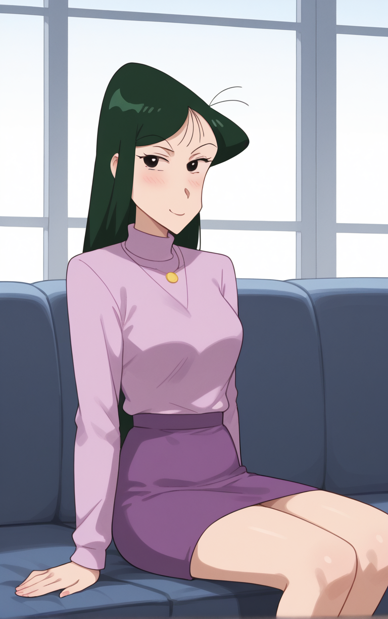 score_9, score_8_up, score_7_up, looking at viewer,  BREAK
Jacket_UmeMatsuzaka_ownwaifu,  
1girl, green hair, straight hair, long hair, jewelry, necklace, black eyes, bangs, 
long sleeves, skirt, shirt, purple shirt, collared shirt, sweater, turtleneck, dress, purple dress, purple skirt, 
retro artstyle, style parody, 
(sitting, spread legs), arms behind back, couch, window shade, indoors, <lora:PONYXL_ShinChan_UmeMatsuzaka_ownwaifu:0.95> , depth of field, solo,