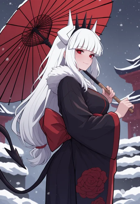 anime, masterpiece, best quality, newest, solo, 1girl, luc1ferdef, mole under eye, black tail, demon tail, slight smile, looking at viewer, holding umbrella, oil-paper umbrella, long hair, white hair, crown, white horns, demon horns, red eyes, japanese clothes, fur trim, black kimono, floral print kimono, long sleeves, wide sleeves, red sash, outdoors, snowing, east asian architecture
<segment:yolo-Anzhc Face seg 640 v2 y8n.pt,0.4,0.5//cid=1>