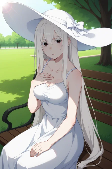 score_9, score_8_up, score_7_up, source_anime, 1girl, prefect lighting, very aesthetic, intricate details, highly detailed background, masterpiece, high quality, prefect hands, best quality, solo,
<lora:Echidna_ReZero_V1:.85>, KJOechidna, white hair, white eyelashes, thick eyelashes, hair between eyes, dark eyes, pale skin, very long hair,
sundress, sun hat, ring, 
sitting, on bench, looking at viewer, expressionless, parted lips, hand on chest, head tilt,
park, grass, trees, daytime,
(Beautiful, medium Breasts:1.2), natural breasts,