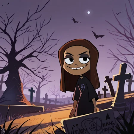 score_9, score_8_up, score_7_up BREAK KimCat, 1girl, long brown hair, tan skin, black eyes, tooth gap, goth fashion, ignoring viewer, night cemetery outdoors, night graveyard, solo, solo focus,