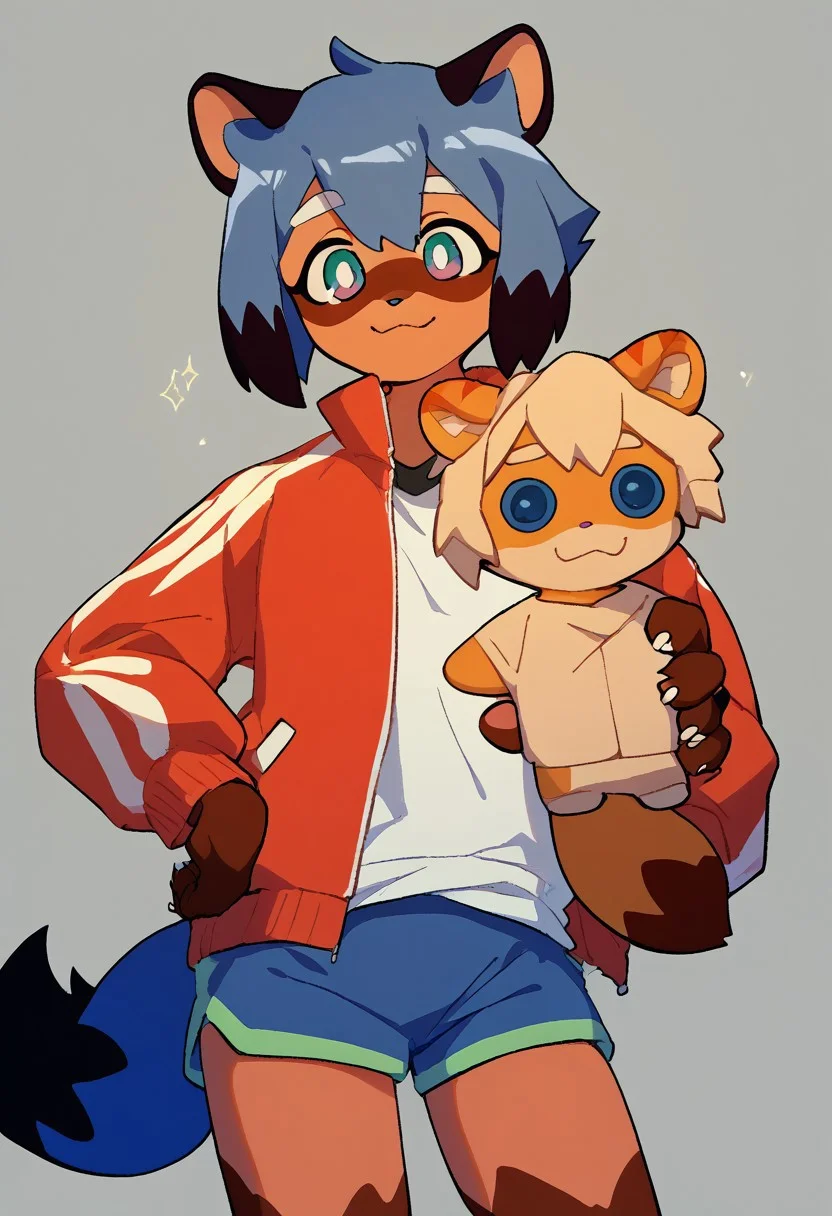 score_9, score_8_up, score_7_up, score_6_up, solo, michiru kagemori, short hair, black hair, animal ears, blue hair, multicolored hair, furry, furry female, raccoon ears, body fur, raccoon girl, raccoon tail, tail, shirt, jacket, white shirt, shorts, red jacket, blue shorts, track jacket, holding food, looking at viewer, character doll, holding doll <lora:BakingMyLongDistanceBfIntoACookieBecauseIMissHimMeme_pdxl_Incrs_v1:1> BREAK milkytiger, tiger ears, tiger boy, white eyebrows, blue eyes, 1boy, solo, mesugaki, smile, character doll <lora:BakingMyLongDistanceBfIntoACookieBecauseIMissHimMeme_pdxl_Incrs_v1:1>