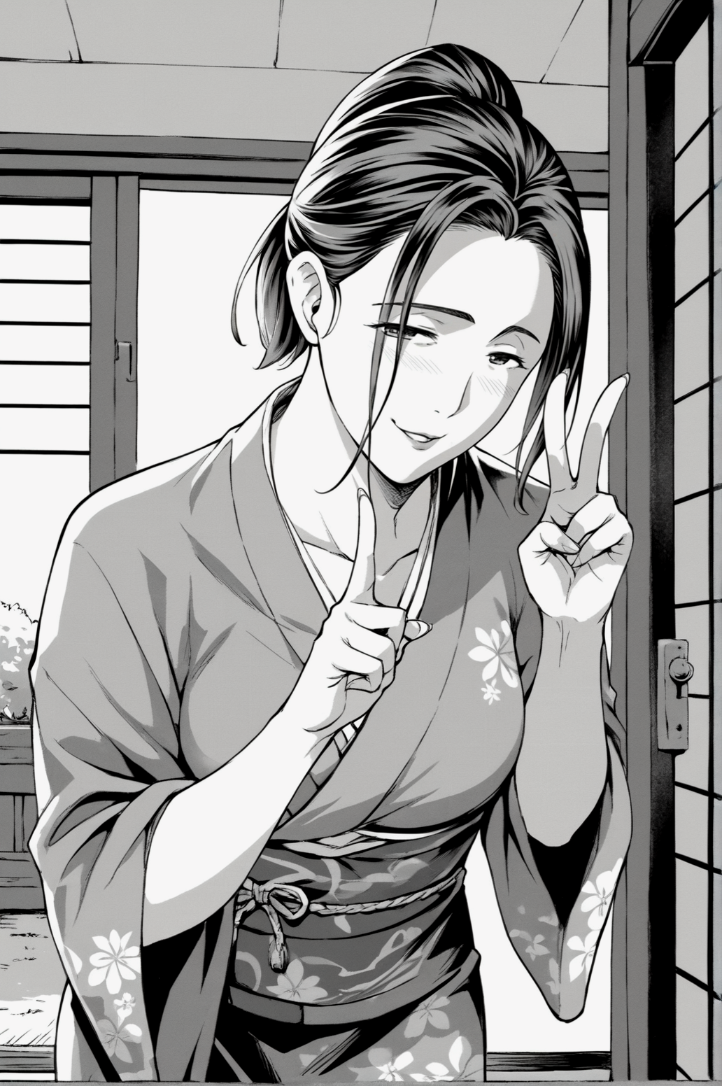 score_9, score_8_up, score_7_up, monochrome, manga_source, best background, detailed background, manga, grayscale  Okamoto, horny, ponytail, japanese clothes, kimono, indoors, bent over, naughty face, solo, standing, v fingers, victory fingers, <lora:JN_Okamoto:0.8>