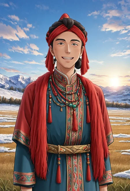 Khampa Tibetan Red Headknots
wearing Red Headknots,solo,1 handsome young man,,1 tibetan boy,happy,looking at the viewer
anime screencap,tibetan dress, looking at viewer,grassland,sun,meadow,cloudy sky,blue sky,winter,snow