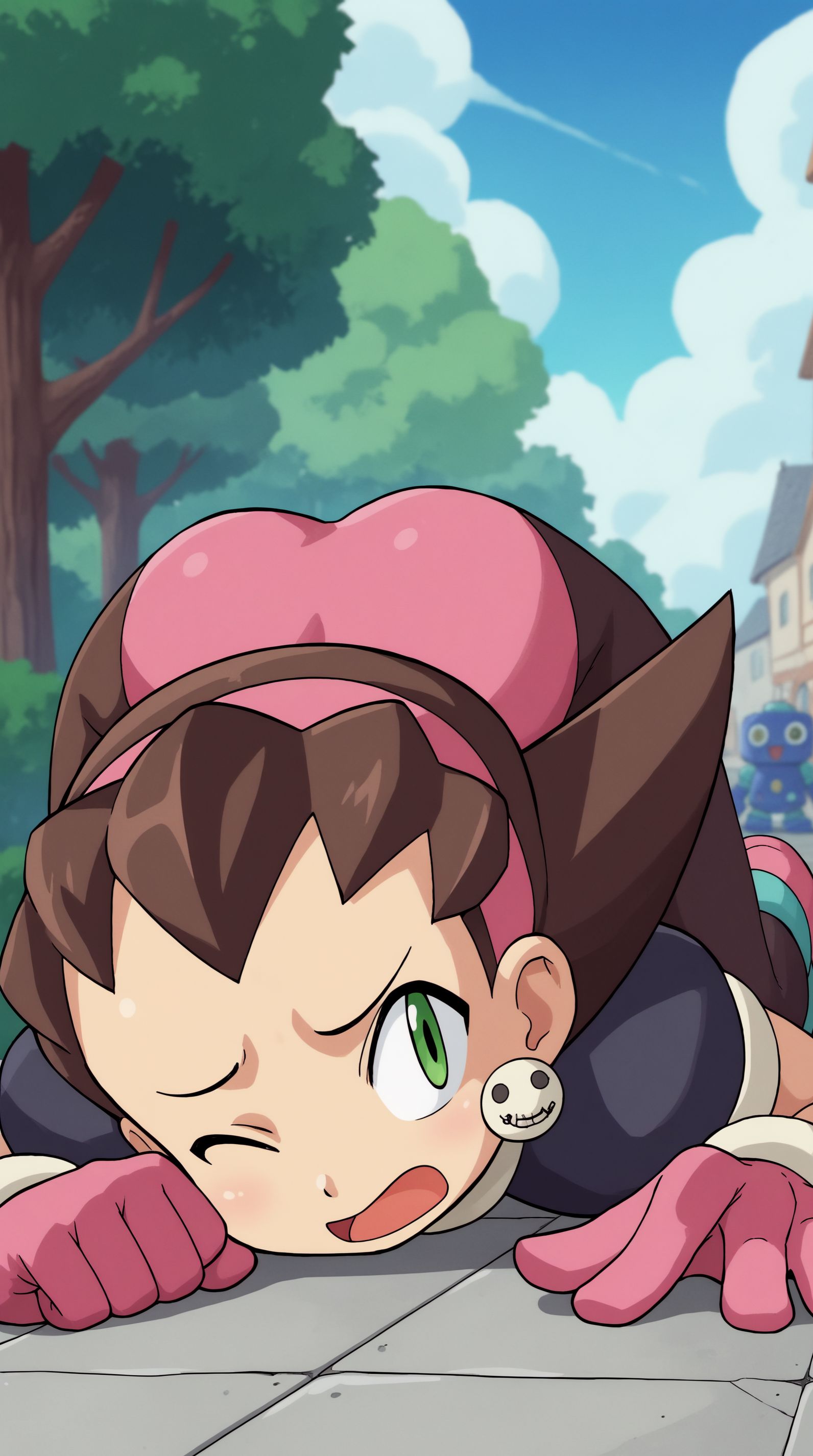 score_9, score_8_up, score_7_up,anime_source, source_anime, best background, detailed background, anime screencap, 4k, upscale,  Tron Bonne, Main Outfit, one eye closed, top-down bottom-up, wince, outdoors,  <lora:JN_Tron_Bonne_Pony:0.8>
