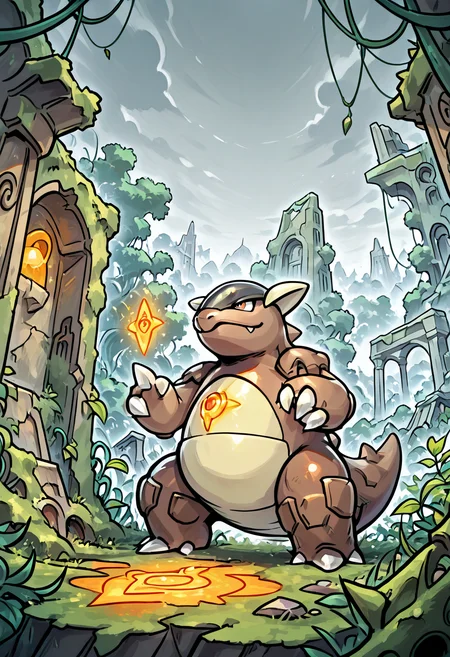 masterpiece, best quality, no humans,    zzKhan, kangaskhan, 1pokemon, standing, ruins, overgrown temple, moss, vines, cracked stone, glowing runes, jungle, overcast sky, solemn expression In the heart of a forgotten jungle, zzKhan stands like a sentinel before a vine-draped stone temple. Cracked columns and ancient glyphs glow faintly beneath her feet as mist coils around her legs. Her stillness matches the sacred air â an ancient guardian, timeless and unyielding.    ,<lora:KangaskhanPokemon_IXL_v2:1.0>,
