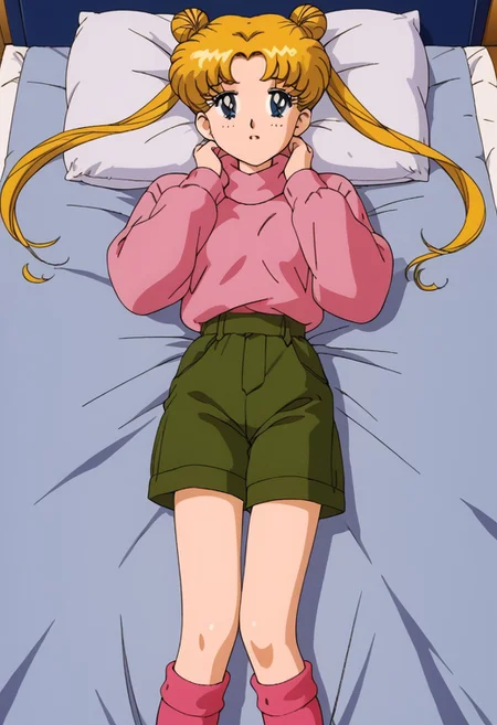 90s style, retro art style, Tsukino Usagi, alone, 1 girl, serious, blue eyes, long hair, parted bangs, blonde hair, double bun, two pigtails, medium chest, (pink sweater, round neck, long sleeves, shorts, olive green shorts, knee high socks, pink socks), full body, lying down, on bed, hands on neck, indoors, bedroom, bed