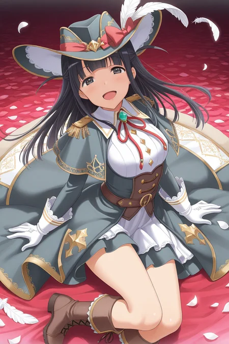 masterpiece, best quality, amazing quality,
<lora:Mahiru_IL:1> mahiru, 1girl, hat, solo, gloves, black hair, long hair, smile, white gloves, boots, feathers, open mouth, looking at viewer, hat feather, petals, black eyes