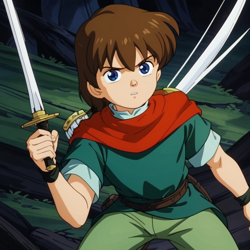 weapon, 1boy, solo, Robin Hood, blue eyes, white collar, red scarf, dark green shirt, light green pants, brown hair