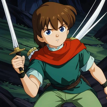 weapon, 1boy, solo, Robin Hood, blue eyes, white collar, red scarf, dark green shirt, light green pants, brown hair