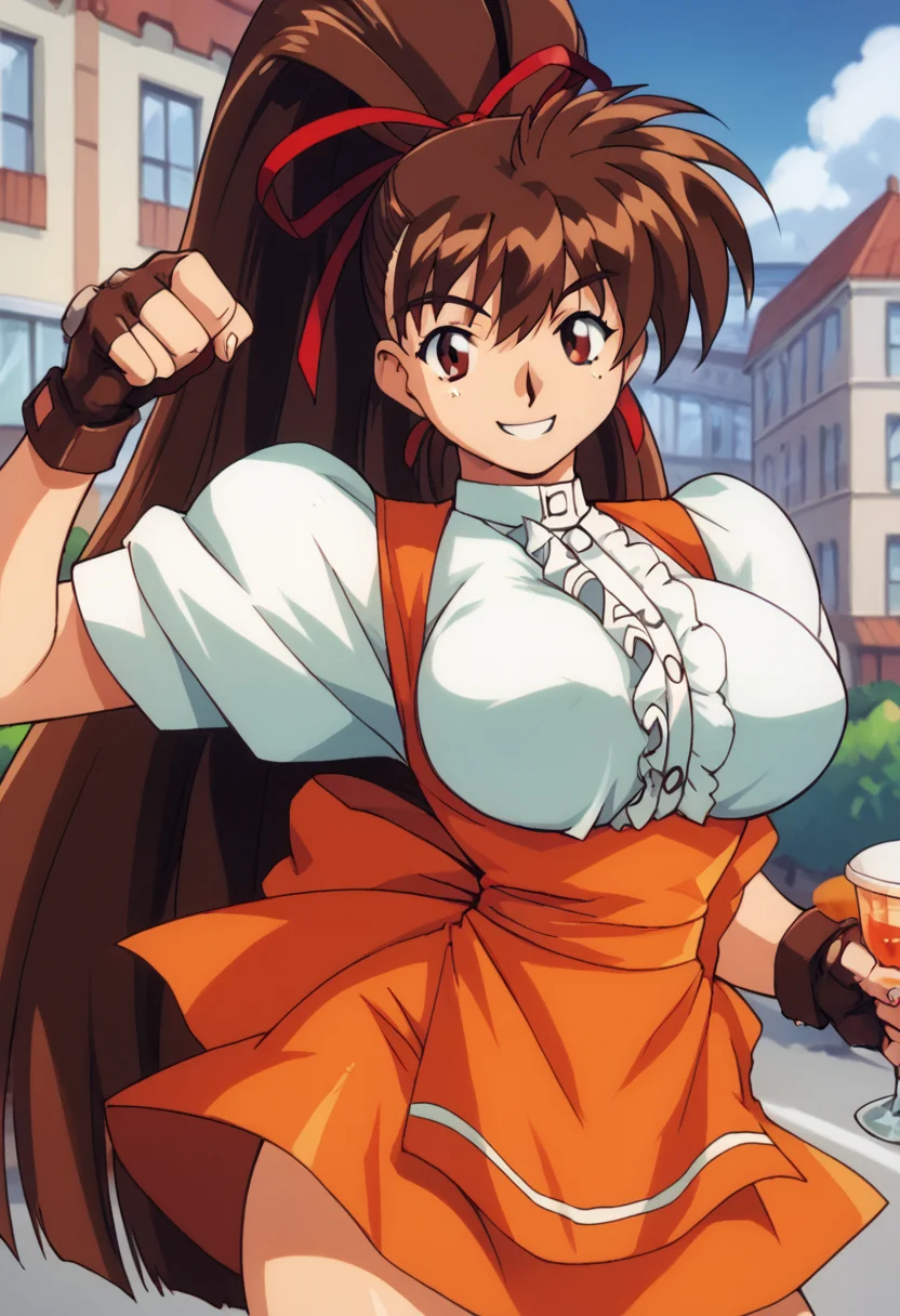 score_9, score_8_up, score_7_up, score_6_up, score_5_up, masterpiece, best quality, BREAK, 
1girl, solo, indoor, cafe, <lora:Takeuchi_Yuka_Variable_Geo_Pony:1> t yuka, brown hair, long hair, high ponytail, big breasts, fingerless gloves, waitress, orange skirt, hair ribbon, dynamic pose, smile