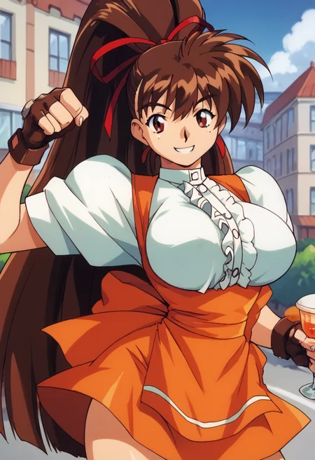 score_9, score_8_up, score_7_up, score_6_up, score_5_up, masterpiece, best quality, BREAK,
1girl, solo, indoor, cafe, <lora:Takeuchi_Yuka_Variable_Geo_Pony:1> t yuka, brown hair, long hair, high ponytail, big breasts, fingerless gloves, waitress, orange skirt, hair ribbon, dynamic pose, smile