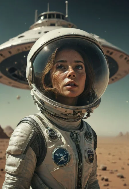 Create a captivating story or description inspired by this photo of a lost astronaut, woman with subtle freckles. behind alien flying saucer, She gazes naughty Excited from the side towards the camera, alien planet, black spacesuit, looking up, very detailed, atmospheric haze, Film grain, cinematic film still, shallow depth of field, highly detailed, high budget, cinemascope, moody, epic, OverallDetail, gorgeous, vintage RAW photo, photorealistic, candid camera, color graded cinematic, eye catchlights, atmospheric lighting, skin pores, imperfections, natural, shallow dof