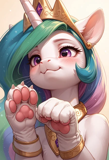 score_9, score_8_up, score_7_up, solo. pony, mare, zPDXL3, imp4ct_style, Princess Celestia_(mlp), close_up, face_focus, :3, blushing, wearing_cat_ears, cat's_whiskers, wearing_cat_paws, cat_paws_gloves, hoofs_near_face, anthro