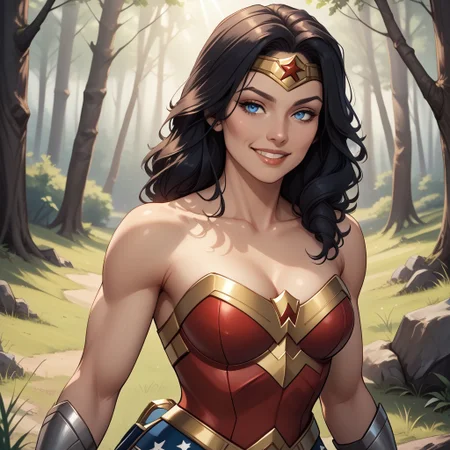 score_9, score_8, BREAK, 1woman,black hair,long hair,blue eyes,wonder woman, sexy pose, self portrait, smile, outdoors, sunlight, shadows, evening lighting, natural lighting, forest, trees, grass, orange sky, sunset
