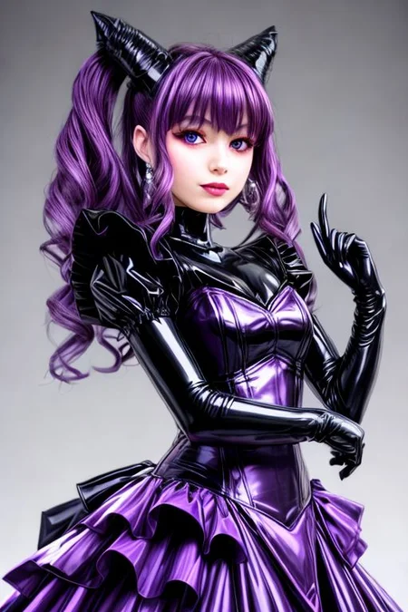 evil corrupted young princess wearing dark pastel (ruffled:1) (gleaming latex:1) EvlSM DarkPrecure Bad_End_Precure gown with (long latex cape:1) and latex elbow bridal gauntlets, (Perfect Face:1), soft lighting, glossy red lips, ruffles,
<lora:more_details:1>