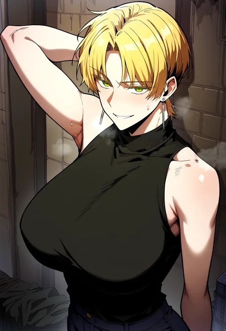 score_9, score_8_up, score_7_up, score_6_up, source_anime, rating_explicit, <lora:neg4all_bdsqlsz_V3.5:2.0>1girl, (solo:1.2), huge breasts, <lora:Eve Rockefellerponyxl:1> blonde hair, green eyes, short hair, parted bangs, earrings, jewelry, sleeveless shirt, black shirt, turtleneck, blue pants, smile, Narrow shoulders, sweat, heavy breathing, steaming body, alley, outdoor, arms behind head, looking at viewer