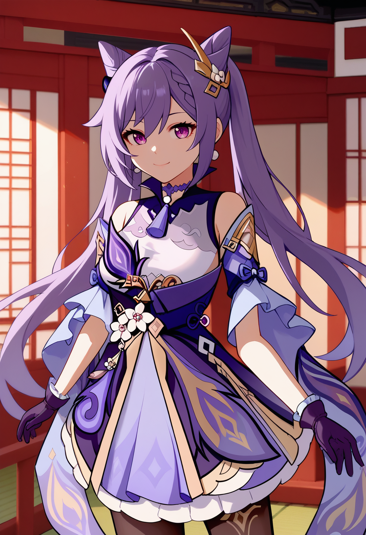 score_9, score_8_up, score_7_up, source_anime BREAK 1girl, solo, <lora:keqing-gi-richy-v1_pdxl:1> kqngdf, purple eyes, purple hair, long hair, twintails, double bun, cone hair bun, braid, hair between eyes, hair ornament, medium breasts, purple choker, neck tassel, purple dress, frills, detached sleeves, black pantyhose, purple gloves, earrings, standing, looking at viewer, smile, closed mouth, indoors, east asian architecture