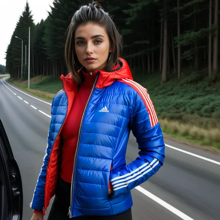 (dark cinematic still, dark vibes) sexy slim skinny one british women ,unique, wearing a zipped up red and blue from high collar and cuffs black adidas_puffer_jacket, unique hair styles, 8k uhd, dslr, high quality, photorealistic, realism, hyperrealism, ((car scene)),
<lora:adidas_puffer_jacket_v1:1> <lora:add-detail-xl:3> <lora:Collar-SDXL:0.5> <lora:Cuffs-SDXL:0.5>