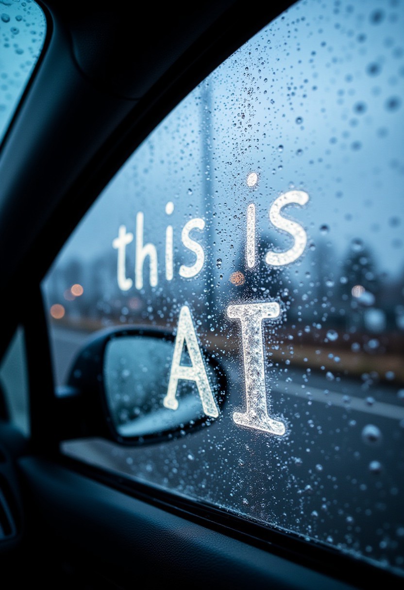with Text:"this is AI" written in the condensation on a foggy car window, with tiny water droplets creating realistic reflections and patterns around the letters
,shot on Hasselblad X2D,
aidmaHyperrealism, midjourneyv6.1, detailmaximizer, aidmaGlow