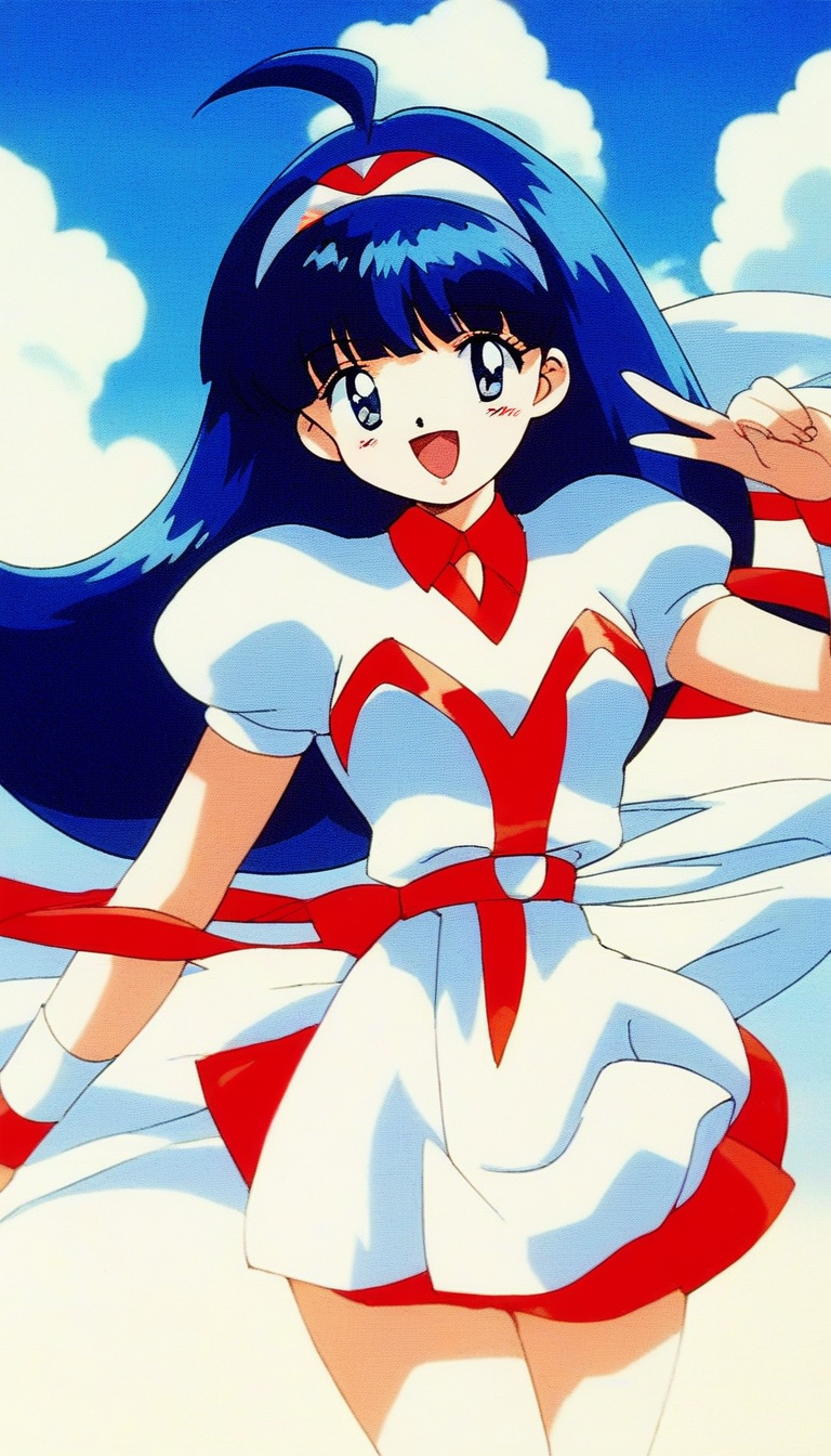 score_9, score_8_up, score_7_up, source_anime, rating_explicit, BREAK <lora:Tsurugino_Hikari_XL:1>Tsurugino_Hikari, long hair, blue hair, 1990s (style), hairband, blue eyes, bangs, ahoge, small breasts,
1girl, solo, hat, retro artstyle, skirt, open mouth, uniform, smile, 
wristband, looking at viewer,  puffy sleeves, short sleeves, bow, dress, :d
dauy, sky, outdoor.