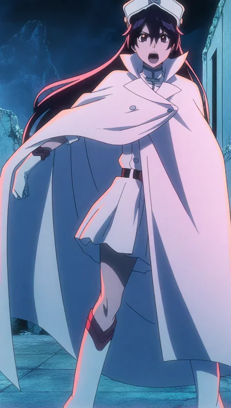 source_anime, masterpiece, best quality, amazing quality, anime screencap, high quality, 8k, absurdres, official style, 1girl, solo, looking at viewer, standing, open mouth, <lora:Bambietta_Basterbine_iL:1>, b4mb13tt4 b45t3rb1n3, black hair, purple eyes, long hair, hair between eyes, sternritter outfit, collared cloak, cloak, skirt, belt, jacket, undershirt, knee boots, gloves, military uniform, hat,