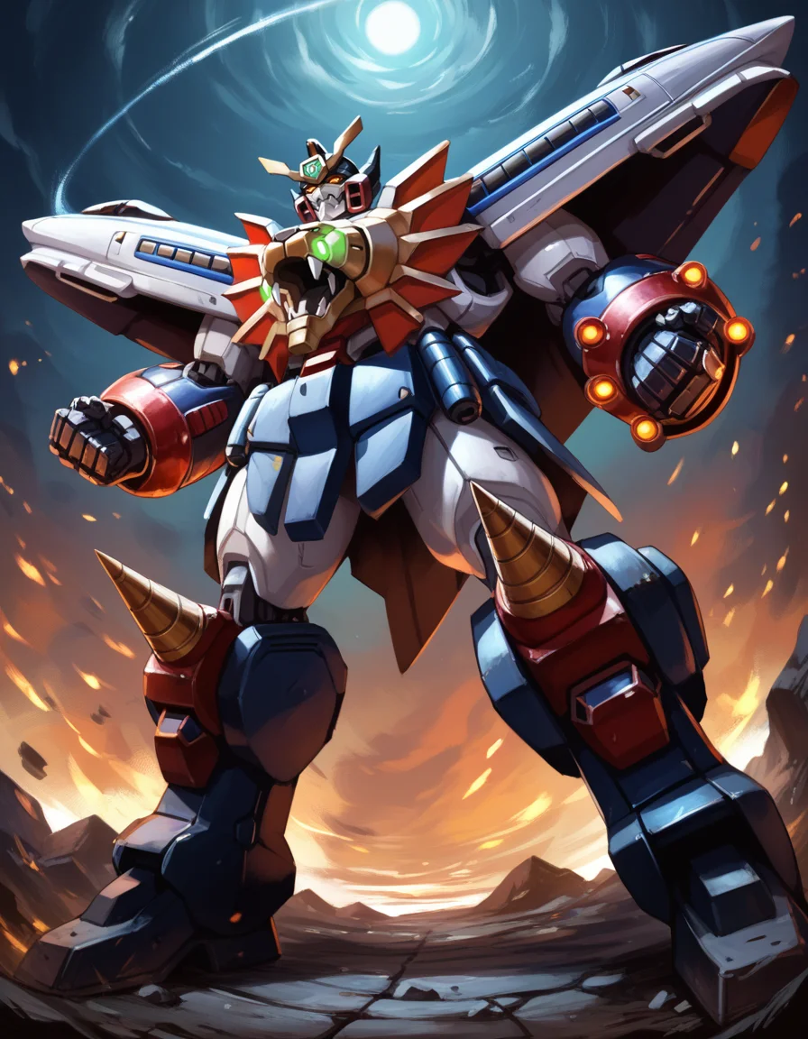 (score_9:0.9),score_8_up,score_7_up,rating_safe,(zPDXL3),(zPDXL),anime_style,
<lora:GaoGaiGar girl ponyXL v1:0.75>,
gaogaigar, no humans, solo, super robot, glowing, v-fin, science fiction, glowing eyes, clenched hands, looking up, from below, full body, black thrusters