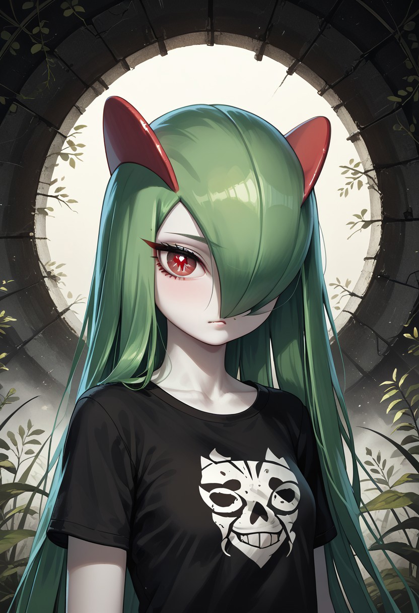 (((Kirlia))), female, anthro, pale white skin, score_9,score_8_up,score_7_up, masterpiece, best_quality, ultra-detailed, masterpiece, 1girl, solo, kirlia, black hair, very long hair, red eyes, cute, perfect face, thick eyeliner, hourglass body, high quality, low light, dramatic lighting, darkness, intricate details, portrait, ((face focused)), wearing ripped dirty black t-shirt, detailed background, post-apocalypse background, ruined house, overgrown with plants, (perfect eyes:1.3,((cat pupils))),dvr-lnds-sdxl, combinestyle