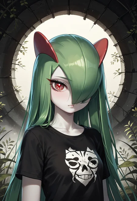 (((Kirlia))), female, anthro, pale white skin, score_9,score_8_up,score_7_up, masterpiece, best_quality, ultra-detailed, masterpiece, 1girl, solo, kirlia, black hair, very long hair, red eyes, cute, perfect face, thick eyeliner, hourglass body, high quality, low light, dramatic lighting, darkness, intricate details, portrait, ((face focused)), wearing ripped dirty black t-shirt, detailed background, post-apocalypse background, ruined house, overgrown with plants, (perfect eyes:1.3,((cat pupils))),dvr-lnds-sdxl, combinestyle