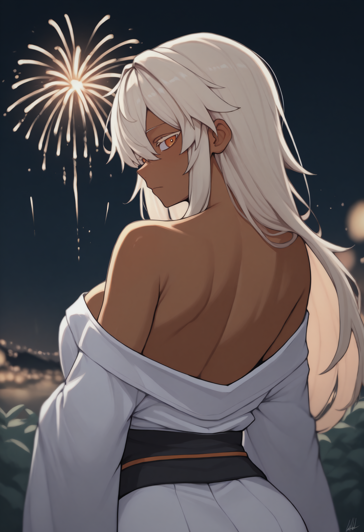 anime, masterpiece, best quality, <break> from behind, solo, 1girl, rmlthlvltne, dark-skinned female, expressionless, looking back, long hair, blonde hair, orange eyes, colored eyelashes, japanese clothes, white kimono, off shoulder, black sash, bare shoulders, outdoors, night, fireworks
<segment:yolo-Anzhc Face seg 640 v2 y8n.pt,0.4,0.5//cid=1>