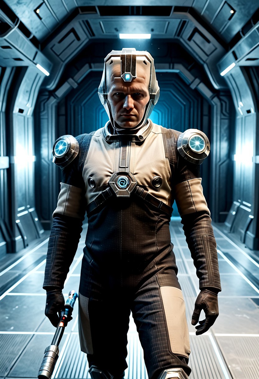 Corpus crewman in a spaceship corridor, science fiction,  dramatic shot, male focus, 1boy, male corpus crewman wearing corpus crewman helmet,  robot, rectangular helmet, blue light bar on helmet, brown and black corpus crewman suit, (helmet with hard edges, helmet with a flat front face, helmet with hard corners, helmet with blue light strip), black shoulder pad, tubes from metal chest plate, black gloves with silver palms, blue circle near hips,  metal bands below fore arm, fit, athletic build, square patch on thigh, holding electric baton,
realistic texture, realism, best quality, 
(((Corpus, corpus crewman, Tan and black corpus suit, corpus tileset,    Corpus helmet, wearing helmet, wearing corpus helmet,))) moa in the background, two legged robot in the background,