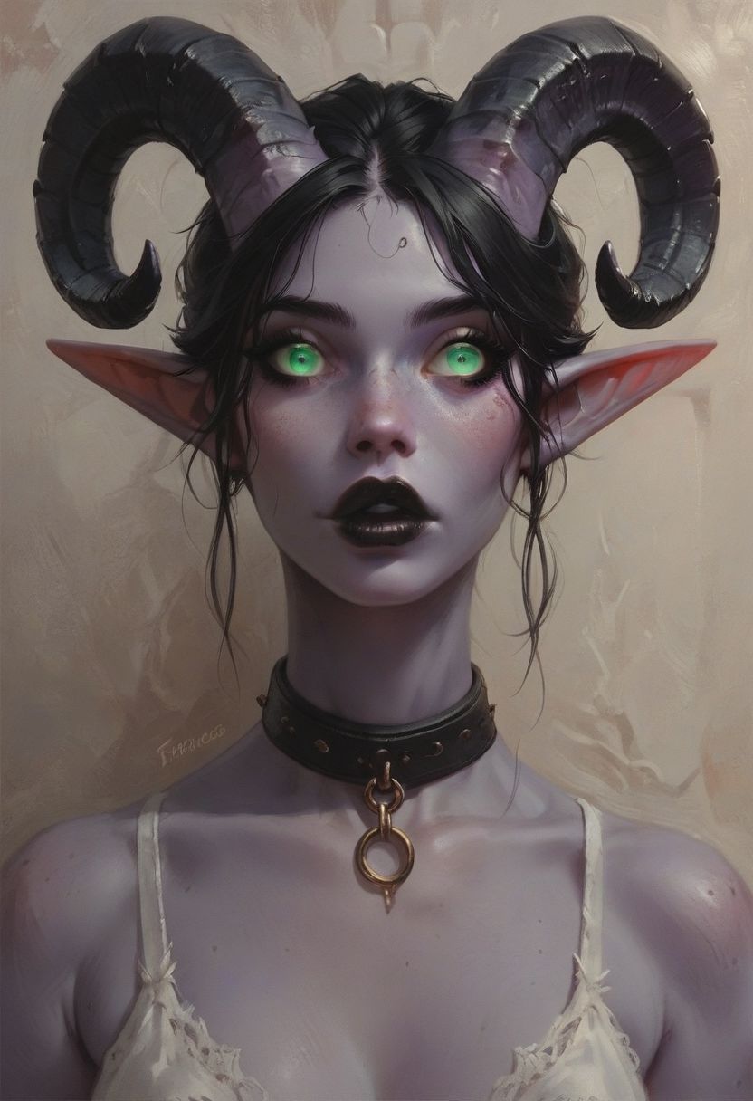 score_9, score_8_up, score_7_up, score_6_up, score_5_up, score_4_up, cute, sexy, 1girl, solo, elf savage, slave, (portrait:1.5), pointy ears, big lips, black lipstick, (purple skin:1.5), ram horns, (far-set eyes:1.5), green eyes, long black hair, pixie hair