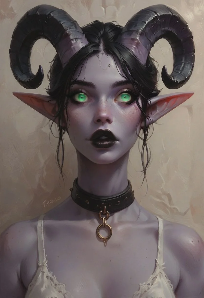score_9, score_8_up, score_7_up, score_6_up, score_5_up, score_4_up, cute, sexy, 1girl, solo, elf savage, slave, (portrait:1.5), pointy ears, big lips, black lipstick, (purple skin:1.5), ram horns, (far-set eyes:1.5), green eyes, long black hair, pixie hair