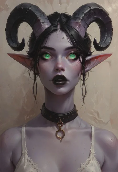 score_9, score_8_up, score_7_up, score_6_up, score_5_up, score_4_up, cute, sexy, 1girl, solo, elf savage, slave, (portrait:1.5), pointy ears, big lips, black lipstick, (purple skin:1.5), ram horns, (far-set eyes:1.5), green eyes, long black hair, pixie hair