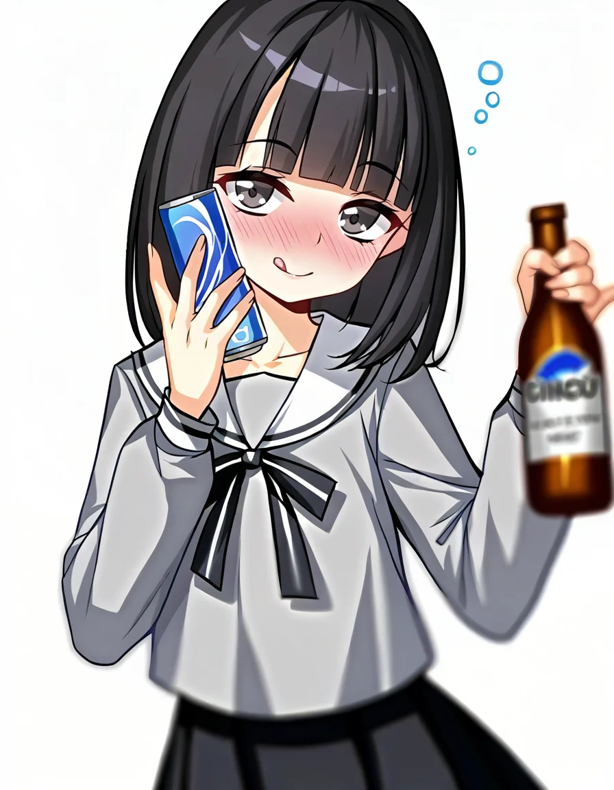 (meion:0.6),looking at viewer,v,:q,tongue,blurry,windows,sunshine,cinematic angle,drunk,
<lora:lijing_noob:1>,skin2,lijing,1girl,solo,black hair,bangs,white background,smile,skirt,simple background,medium hair,grey shirt,long sleeves,sailor collar,shirt,holding,blunt bangs,white sailor collar,school uniform,black skirt,serafuku,black eyes,
masterpiece,best quality,very aesthetic,absurdres,
