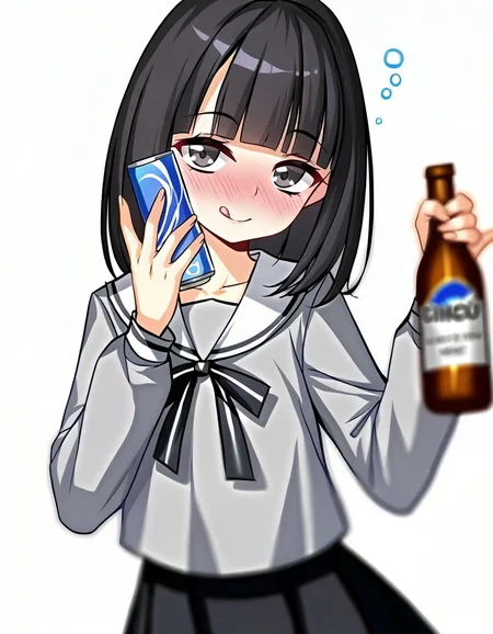 (meion:0.6),looking at viewer,v,:q,tongue,blurry,windows,sunshine,cinematic angle,drunk,
<lora:lijing_noob:1>,skin2,lijing,1girl,solo,black hair,bangs,white background,smile,skirt,simple background,medium hair,grey shirt,long sleeves,sailor collar,shirt,holding,blunt bangs,white sailor collar,school uniform,black skirt,serafuku,black eyes,
masterpiece,best quality,very aesthetic,absurdres,