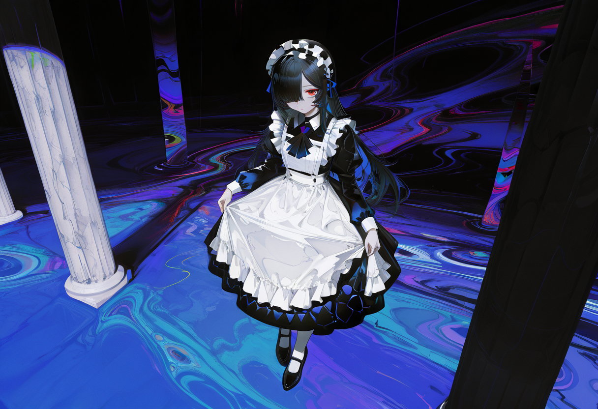 HDR, 8K, high contrast, masterpiece, best quality, amazing quality, very aesthetic, superabsurd res, high resolution, ultra-detailed, absurdres, (detailed background:1.4)
negative_hand, ozoimaid, black hair, long hair, hair over one eye, red eyes, maid headdress, maid
abstract background, (abstract:1.5) newest, scenery dark dynamic angle dramatic shadows, flat colors dark theme cold colors dark colors usnr full body (far away:1.2) standing, white marble floor, abstract patterns on floor, dark square patterns, tessellation, on pillar gothic ornaments