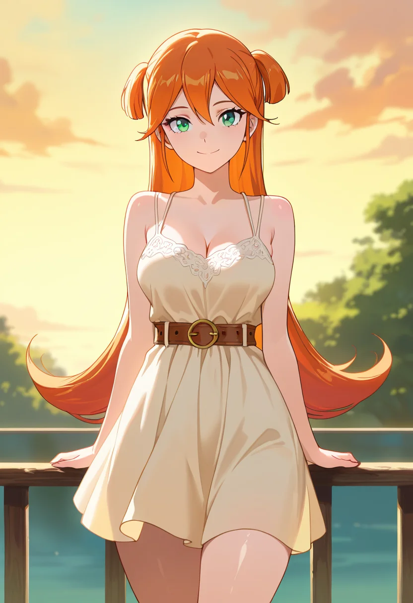 masterpiece, best quality, amazing quality, very aesthetic, absurdres, newest, illustration, perfect composition, intricate details, highres, uncensored, general, 1girl, solo, (cowboy shot:1.2), elsha lean, green eyes, orange hair, long hair, very long hair, medium breasts, casual, beige dress, breasts, cleavage, sundress, sleeveless dress, belt, looking at viewer, smile, outdoors, shiny body, shiny skin, skindentation, clear skin, shiny hair, ultra detailed eyes, depth of field, sharp, intricate details, hyperdetailed, ultra-detailed, detailed clothing folds, high contrast, dynamic light <lora:Elsha Lean_Back Arrow_ill:0.8>