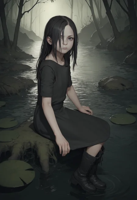 score_9, score_8_up, score_8, source_anime, 1girl, <lora:Eveline:0.75> solo, flat chest, white skin, pale skin, long hair, black hair, hair over one eye, black dress, short sleeves, looking at viewer, boots, sitting, view from side, sad,
swamp, water, outdoors background,