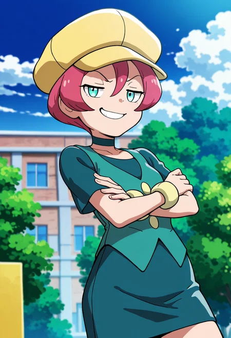 masterpiece, best quality, 1girl, solo, eyelashes, (beautiful eyes),    zzGeorgia, aqua eyes, pink hair, hair between eyes, short hair,  yellow cabbie hat, pencil skirt, green vest, choker,    outdoors, day, cloud, blue sky, blurry background, crossed arms, smug,   <lora:GeorgiaPokemon_IXL_v3:1.0>,