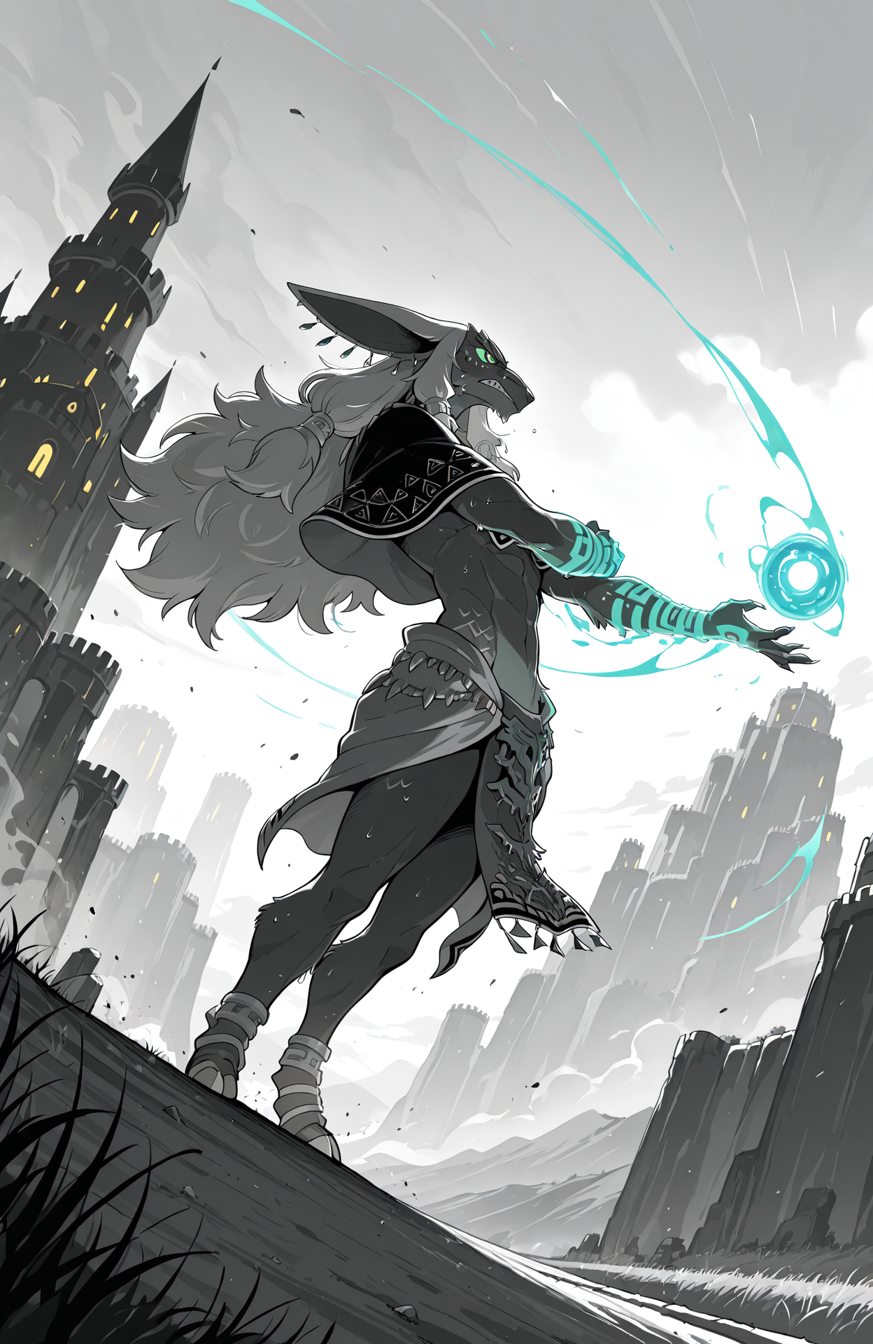 totk_rauru,
solo,
wide shot, from side, dynamic angle,
standing, separated legs, feet out of frame, outstretched arm, hand on arm, glowing arm, charing energy ball on hand, open hand, powering up, fighting stance, sweat, constricted pupils, angry, v-shaped eyebrows, wind, dust cloud, dutch angle,
capelet, loincloth, spot color,
battle agains monster,
<lora:[Char - IL] Zelda - Rauru (R1E20):1> 
BREAK
giant monster, pig monster in backgroud, monster background, monster silhouette, kaiju silhouette,
dramatic lighting, dirt road, crossroad, hill, grass, valley, castle, fantasy,
masterpiece, best quality, amazing quality, very aesthetic, absurdres, newest,