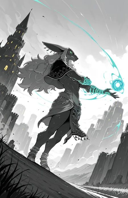 totk_rauru,
solo,
wide shot, from side, dynamic angle,
standing, separated legs, feet out of frame, outstretched arm, hand on arm, glowing arm, charing energy ball on hand, open hand, powering up, fighting stance, sweat, constricted pupils, angry, v-shaped eyebrows, wind, dust cloud, dutch angle,
capelet, loincloth, spot color,
battle agains monster,
<lora:[Char - IL] Zelda - Rauru (R1E20):1> 
BREAK
giant monster, pig monster in backgroud, monster background, monster silhouette, kaiju silhouette,
dramatic lighting, dirt road, crossroad, hill, grass, valley, castle, fantasy,
masterpiece, best quality, amazing quality, very aesthetic, absurdres, newest,
