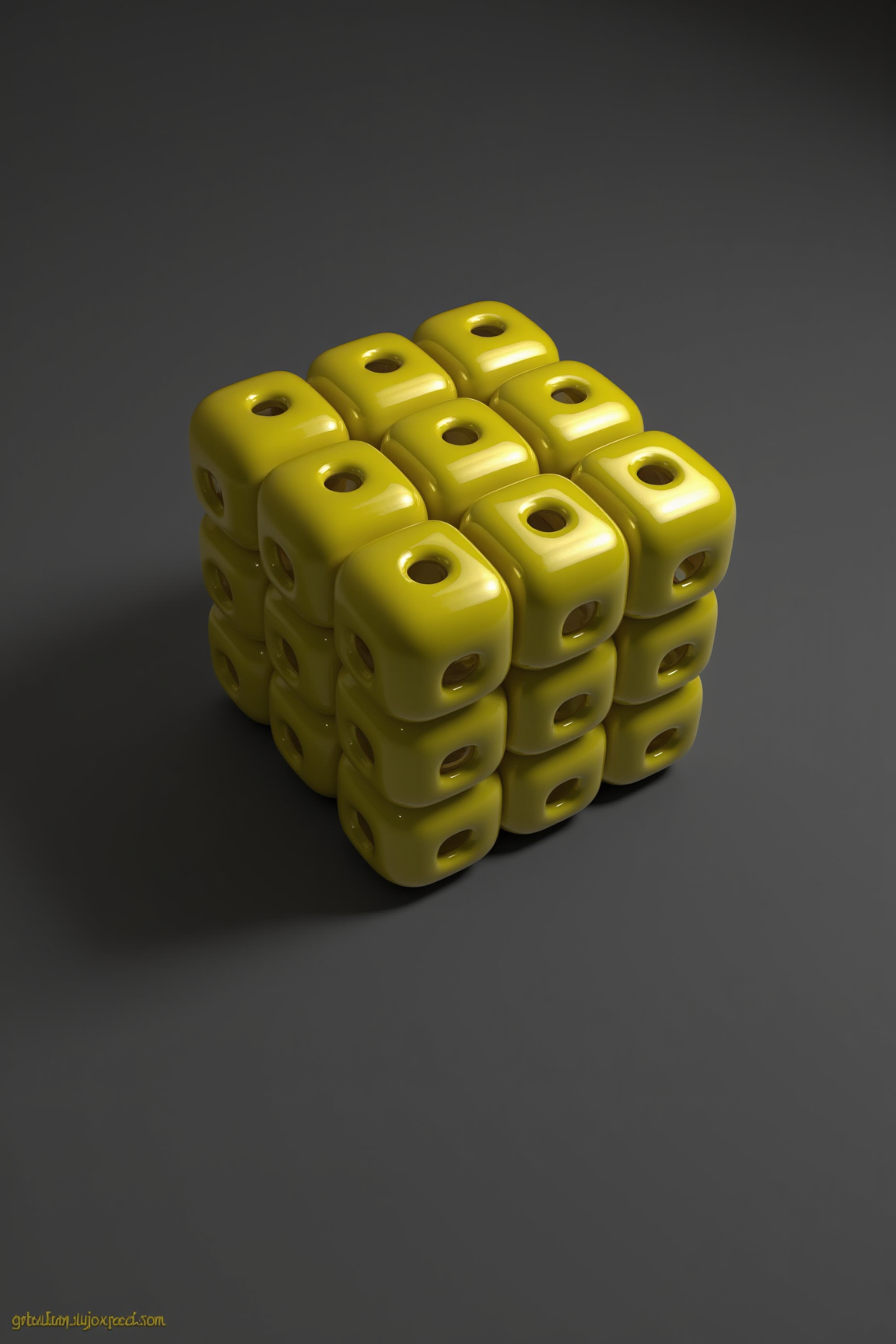 A 3D Rendered abstract of, sharp photo of a 3D rendering of a small, square-shaped object that appears to be made up of multiple small, yellow cubes. The cubes are arranged in a symmetrical pattern, with each cube having a small hole in the center. The object is placed on a dark grey surface, casting a shadow on the surface. The overall color scheme of the image is predominantly yellow, with some hints of gray. sharp photo of taken from a slightly elevated angle, making the object stand out against the dark background.