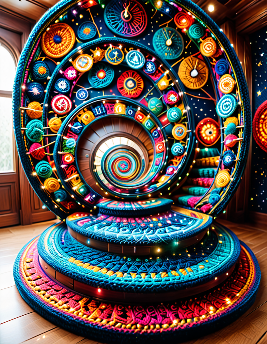 A spiral staircase fully crocheted, ascending into a seemingly infinite, empty room; each step adorned with cosmic patterns like galaxies, clocks, and outstretched hands; vibrant LED lights accentuate the details; reflective mirrors create an illusion of endlessness; surreal, contemplative, mesmerizing yet unsettling. <lora:SDXLFaeTastic2400:0.4> <lora:extremely_detailed:0.4> extremely detailed, <lora:cr0ch3t3d:1>,cr0ch3t3d, Masterpiece,best quality,hi res,8k,hi res,8k,award winning,(sharp focus, intricate, highly detailed),