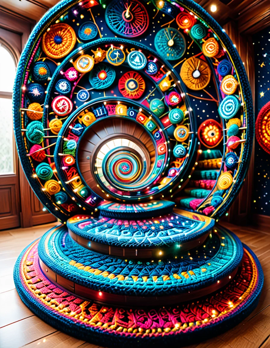 A spiral staircase fully crocheted, ascending into a seemingly infinite, empty room; each step adorned with cosmic patterns like galaxies, clocks, and outstretched hands; vibrant LED lights accentuate the details; reflective mirrors create an illusion of endlessness; surreal, contemplative, mesmerizing yet unsettling. <lora:SDXLFaeTastic2400:0.4> <lora:extremely_detailed:0.4> extremely detailed, <lora:cr0ch3t3d:1>,cr0ch3t3d, Masterpiece,best quality,hi res,8k,hi res,8k,award winning,(sharp focus, intricate, highly detailed),