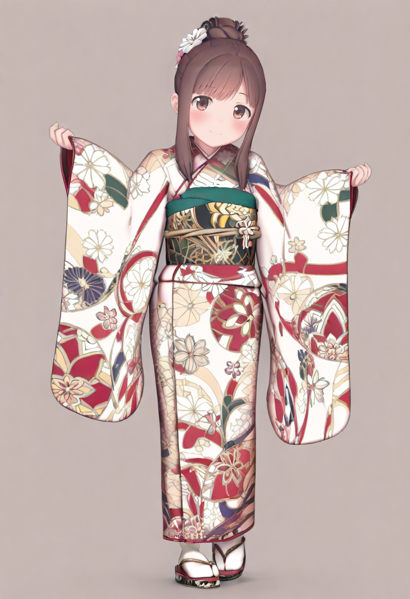 1girl, solo, japanese clothes, kimono, brown hair, sash, obi, smile, looking at viewer, full body, brown eyes, floral print, hair ornament, wide sleeves, hair bun, tabi, simple background, sidelocks, single hair bun, standing, long sleeves, flower, hair flower, pinching sleeves, zouri, blush, bangs, closed mouth, print kimono, sandals, outstretched arms <lora:customUdonXL_il_lokr_V5311P:0.95>