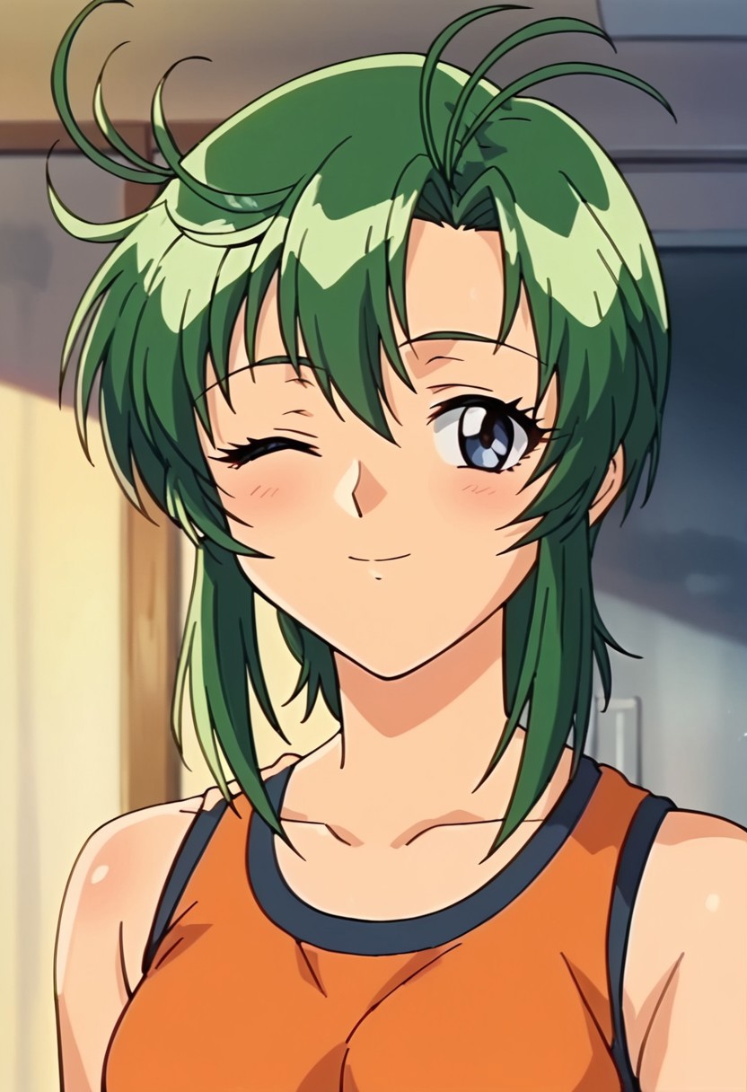 score_9,score_8_up,score_7_up,score_6_up,score_5_up,score_4_up,1girl, naokiamagake,Antenna, Parted to Side, Shoulder-length, Green Hair, Sports Uniform, looking at viewer, wink, anime screencap, indoors, day, school background